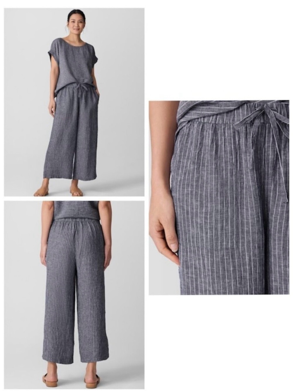 Eileen Fisher Puckered Organic Linen Wide Leg Pant Cropped Blue White Stripe M